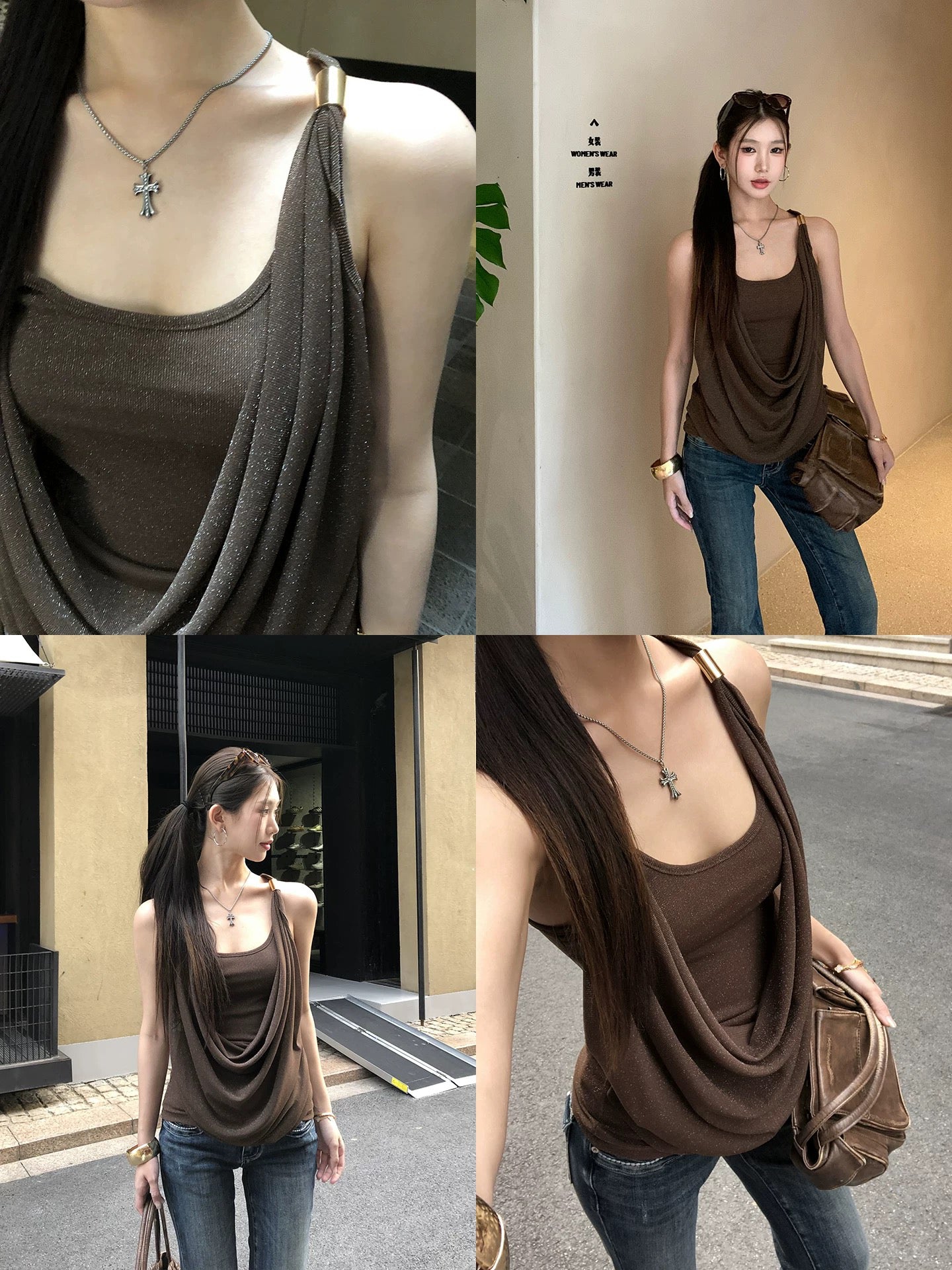 時尚咖啡吊帶無袖背心上衣