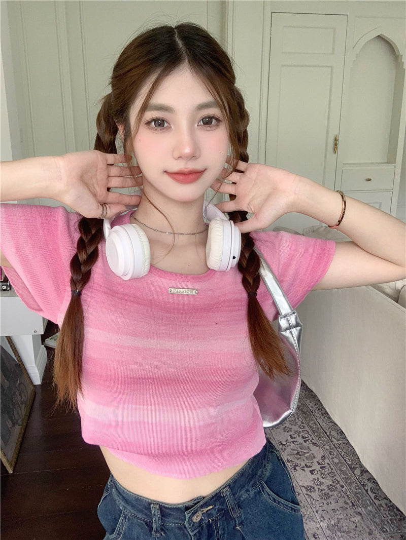 💕現貨秒出🍓多巴胺彩虹漸變色條紋針織T袖