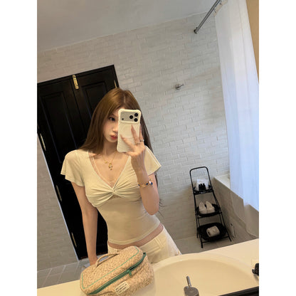 🍭V領蕾絲扭結顯瘦上衣