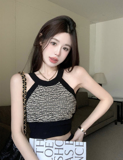 韓系黑色掛脖短版針織吊帶小背心
