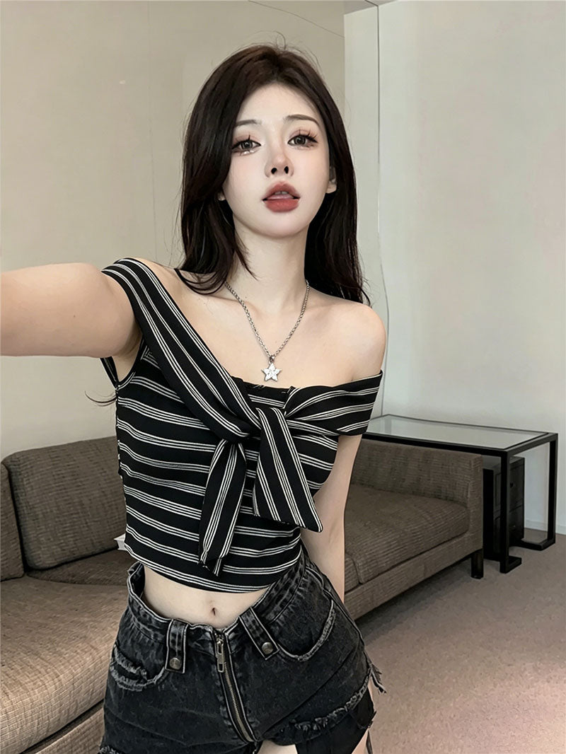 💕現貨秒出🍓絕美一字肩扭結條紋上衣