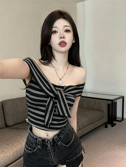 💕現貨秒出🍓絕美一字肩扭結條紋上衣