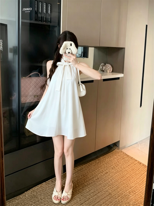 💕現貨秒出🍓法式掛脖蝴蝶結高級無袖連身短裙