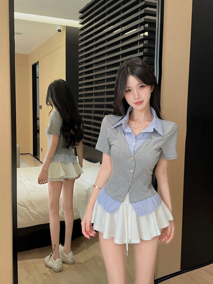 韓系假兩件拼接短袖襯衫上衣