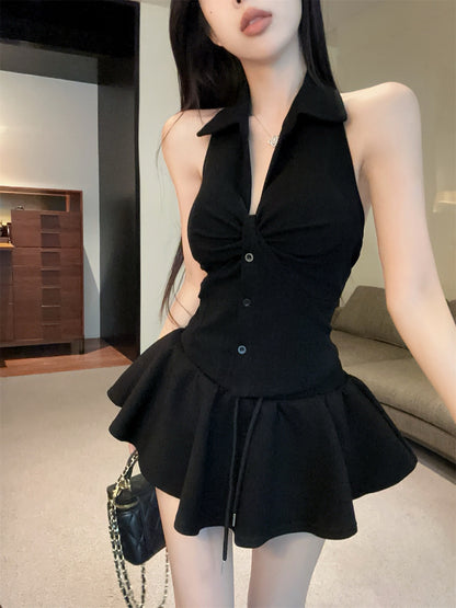 扭結V領無袖露背上衣配傘裙套裝