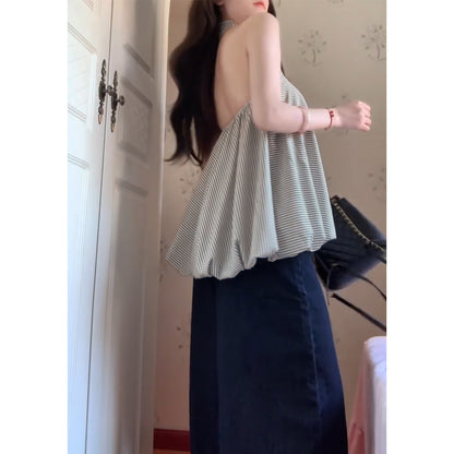 度假條紋掛脖花苞吊帶小個子上衣