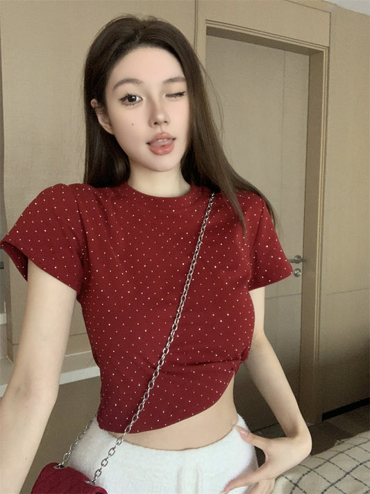 韓系重工燙鑽圓領修身百搭短袖上衣