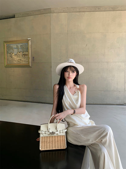 杏色時尚金屬扣吊帶上衣+拖地褲兩件套