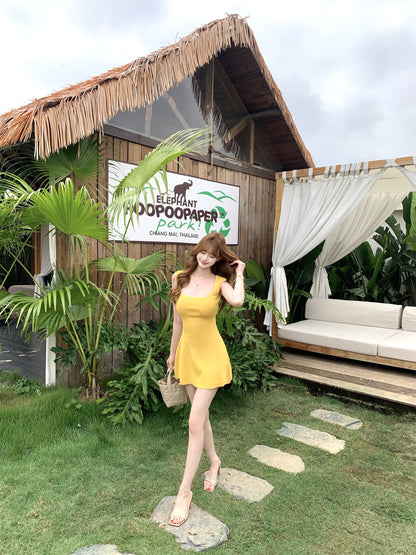 度假風黃色U領連身裙🍹