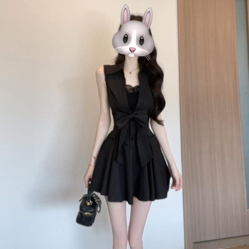 御姐赫本風黑色POLO無袖澎澎裙組