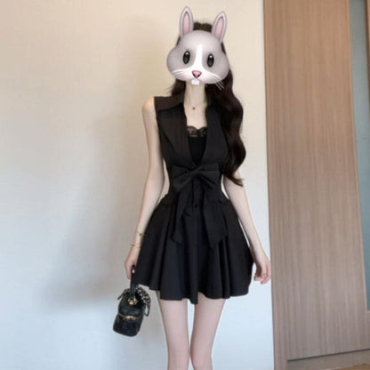 御姐赫本風黑色POLO無袖澎澎裙組