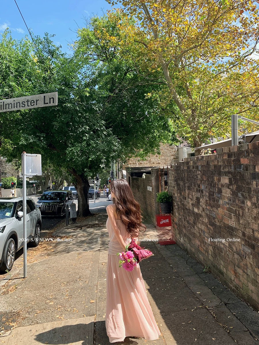 度假抽褶吊帶連衣長裙