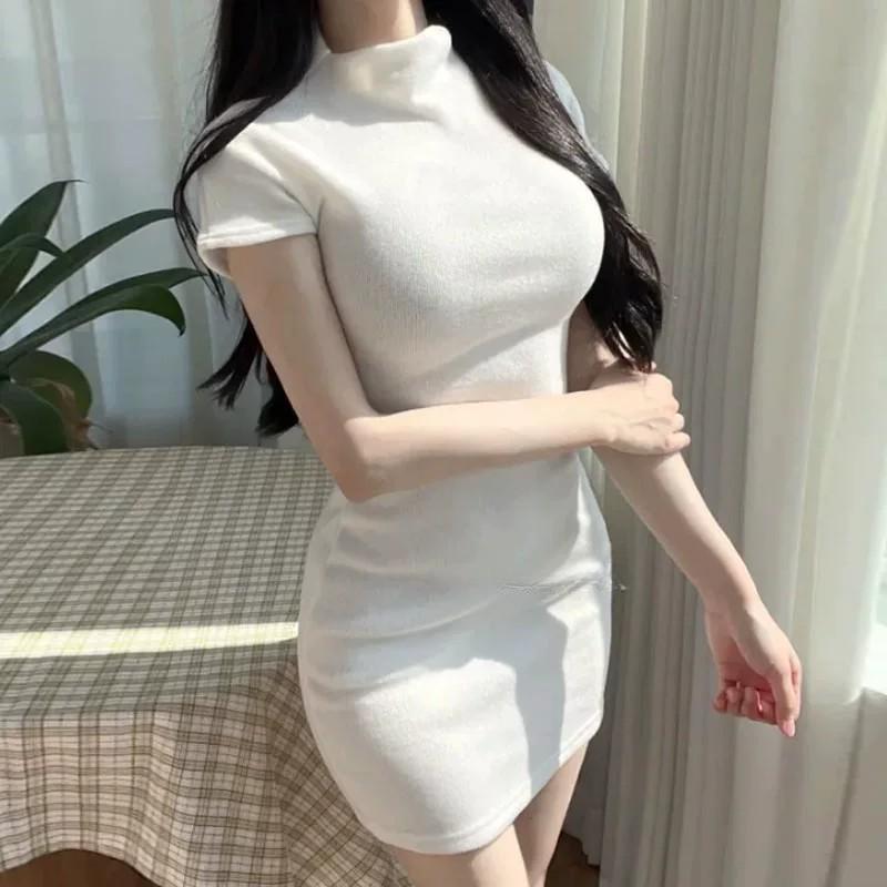 韓系春季微透修身高領短袖包臀短裙