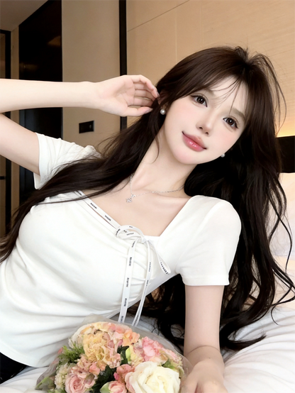 韓系辣妹系帶方領字母短袖上衣