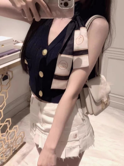 法式小香風V領絲帶短款針織開衫
