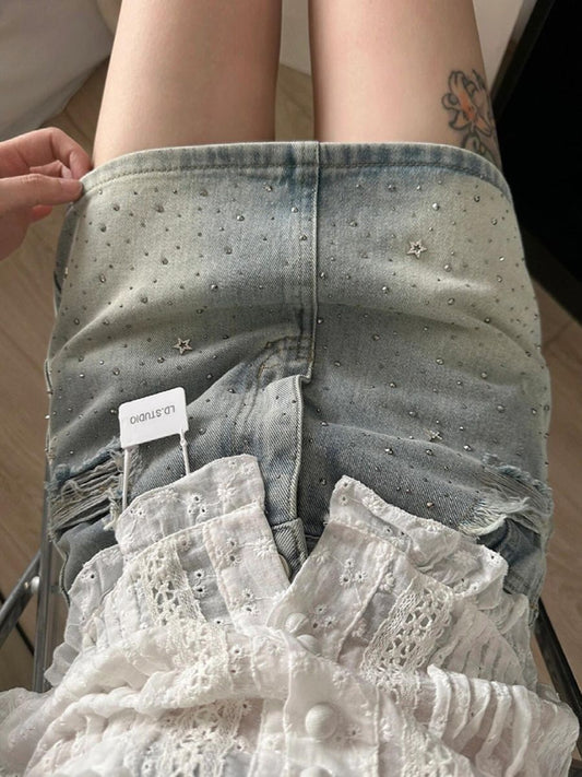 💕現貨秒出🍓亮金金燙鑽百搭牛仔短褲裙