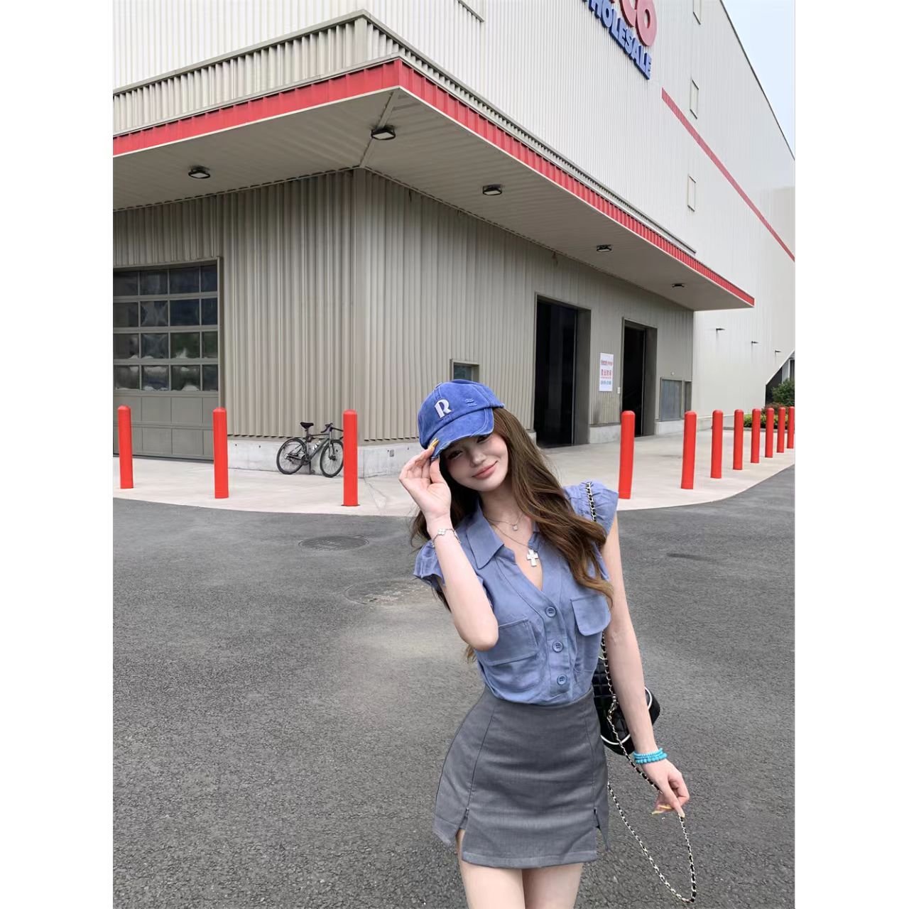 甜辣風藍色V領襯衫上衣&高腰包臀短裙兩件套