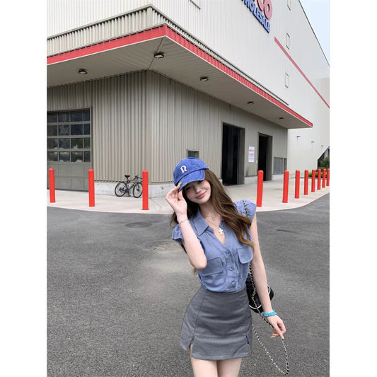 甜辣風藍色V領襯衫上衣&高腰包臀短裙兩件套