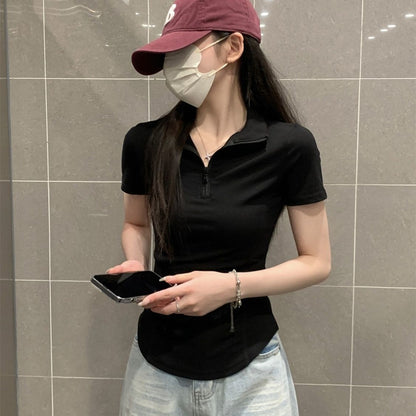 通勤百搭polo領拉鍊修身短袖上衣