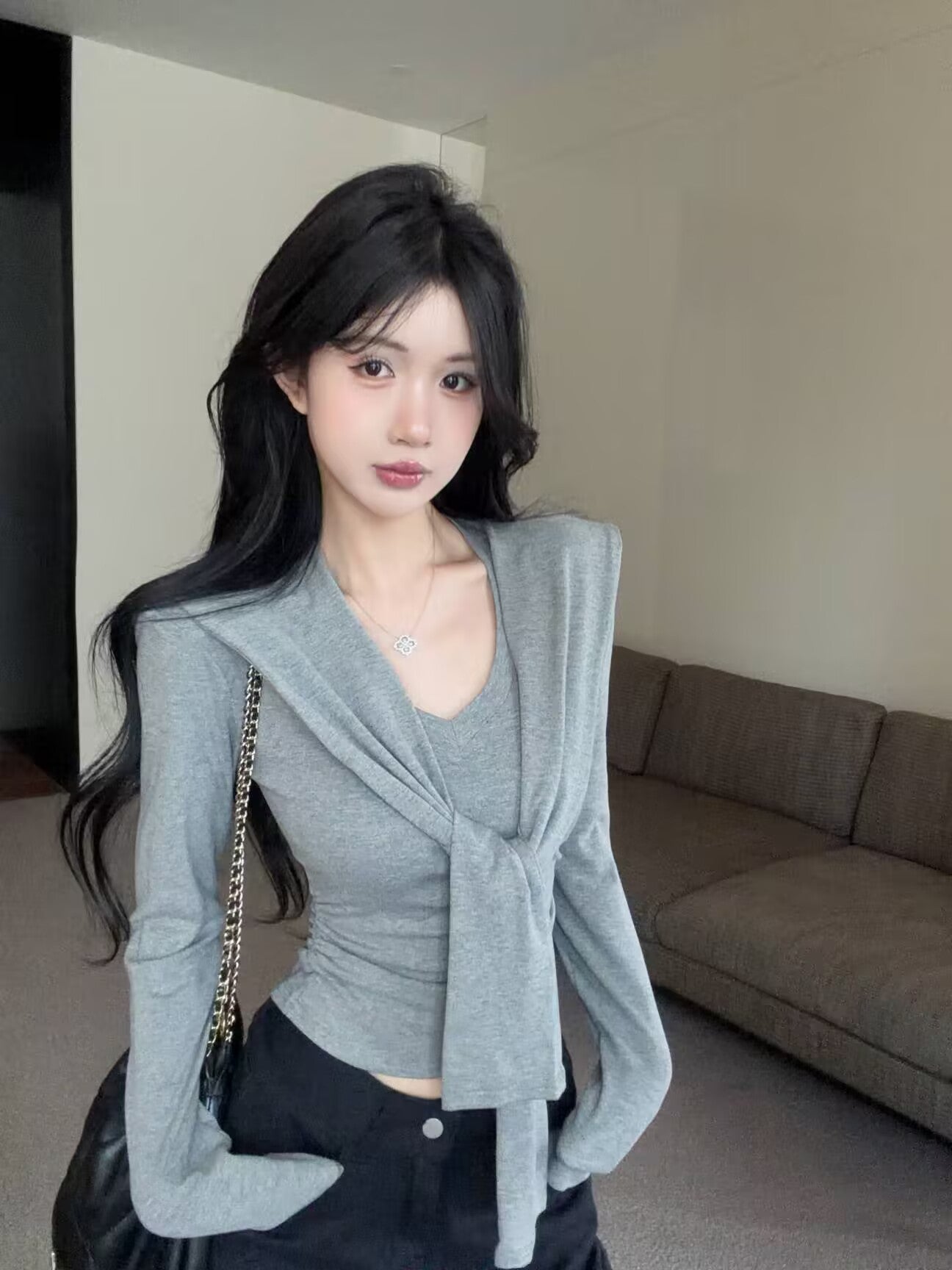 V領修身收腰正肩長袖上衣+披肩
