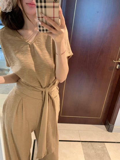 綁帶收腰V領上衣配寬褲兩件套