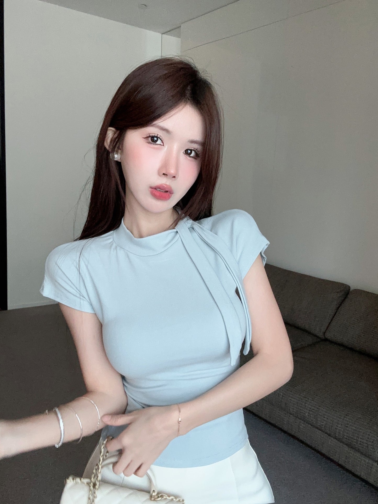 系帶圍巾領修身簡約上衣