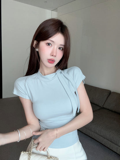 系帶圍巾領修身簡約上衣