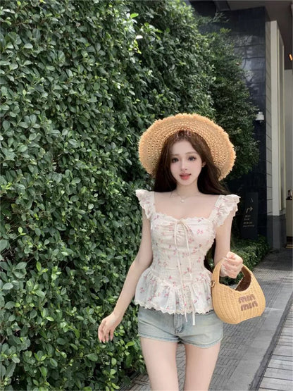 杏色碎花系帶小飛袖方領襯衫上衣