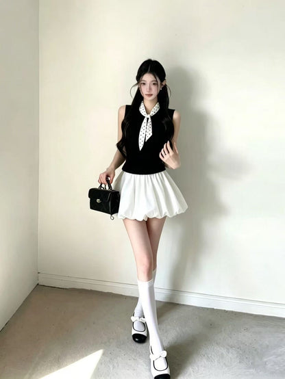 韓系黑色無袖上衣&白色澎澎裙套裝