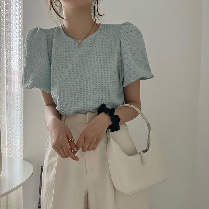 韓系甜美溫柔華夫格圓領泡泡袖上衣