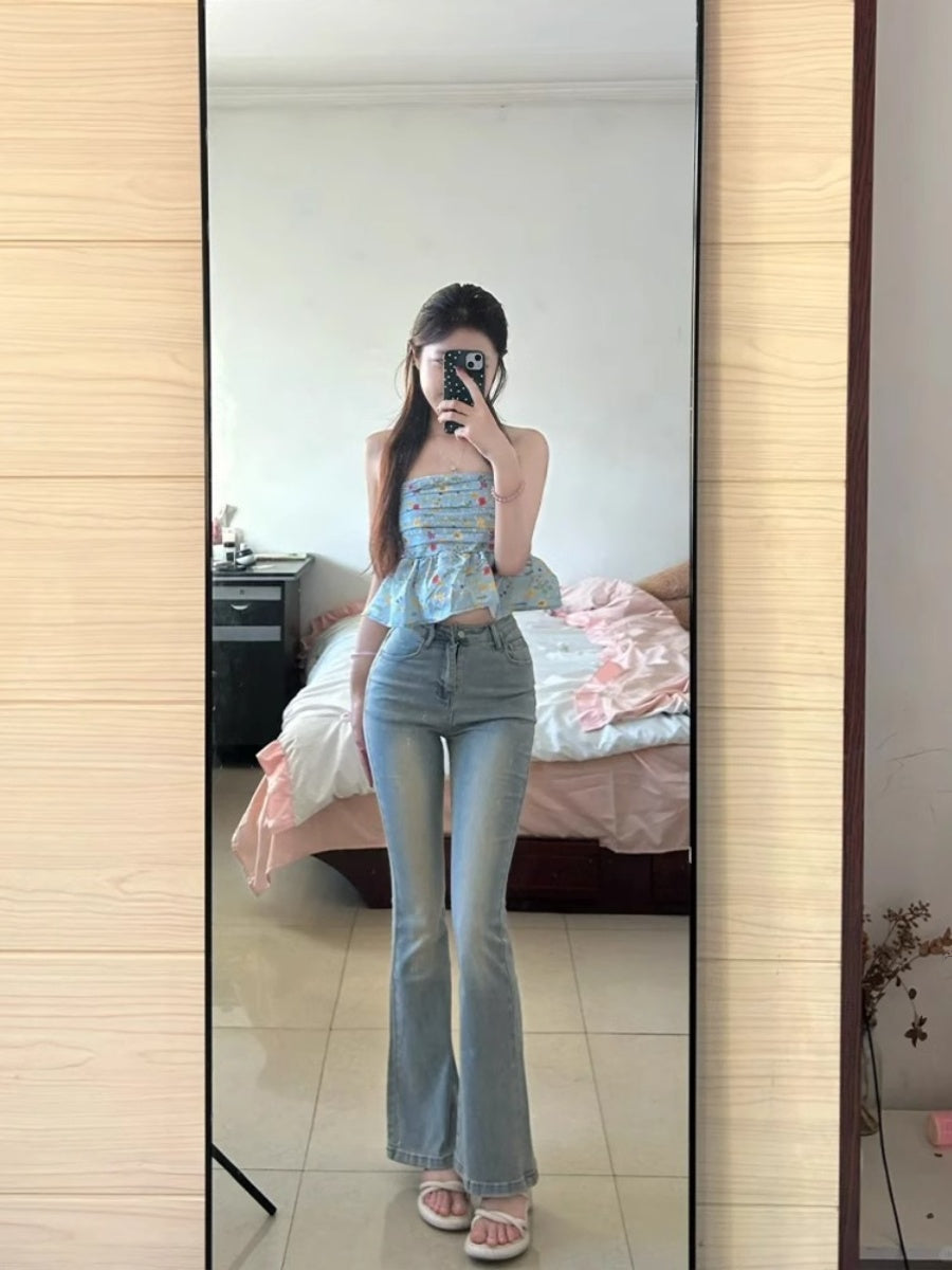 高腰微喇叭窄版小個子牛仔褲