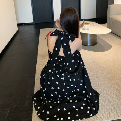 春夏法式可愛點點掛脖開衩中長裙