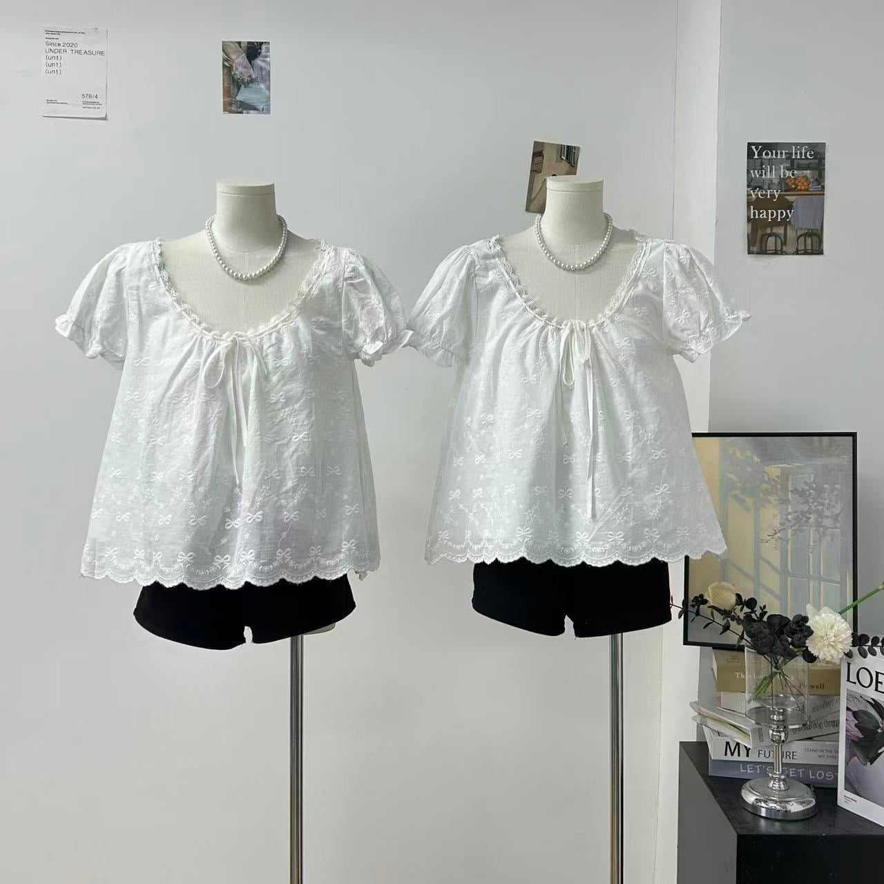 溫柔風白色純淨刺繡泡泡袖襯衫