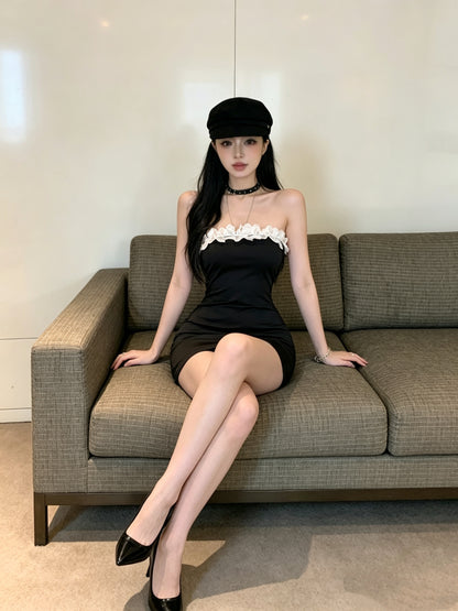 派對黑色抹胸超薄緊身包臀短裙