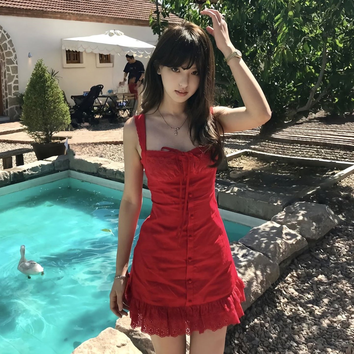 度假性感紅色吊帶連衣短裙