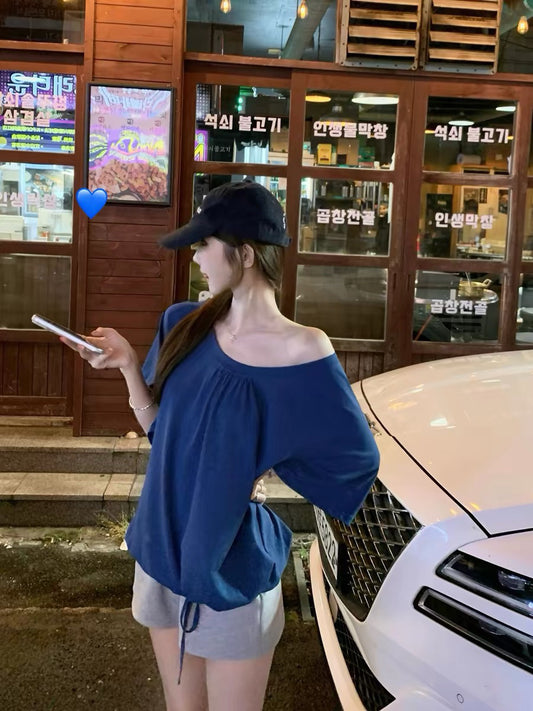 韓系白開水V領慵懶顯瘦短袖上衣