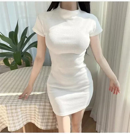 韓系春季微透修身高領短袖包臀短裙