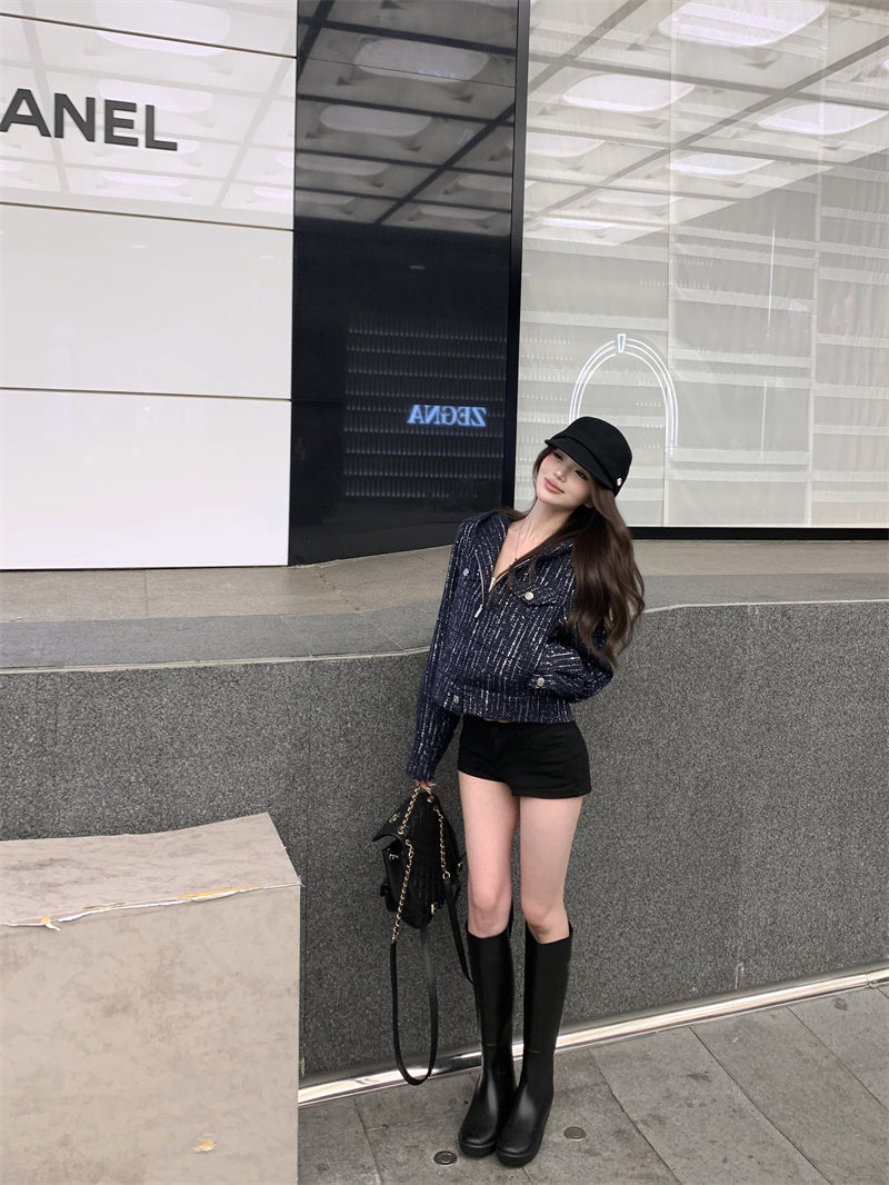 不一樣的輕奢小香藍色連帽外套