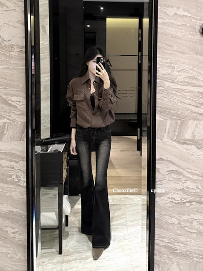 黑色高腰微喇叭牛仔褲