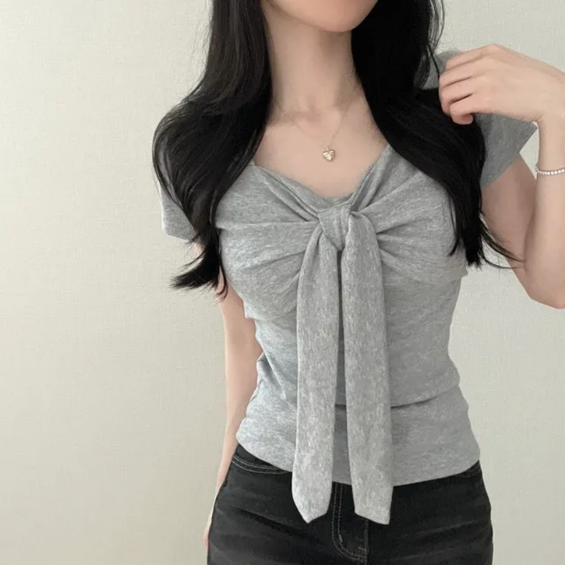 💕現貨秒出🍓韓系chic溫柔V領蝴蝶結短袖上衣