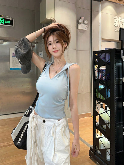 連帽後背簍空V領帶胸墊短款上衣