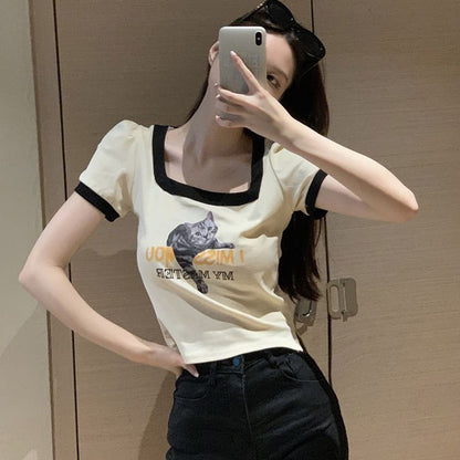 美式胸前印花虎斑貓正肩短版上衣