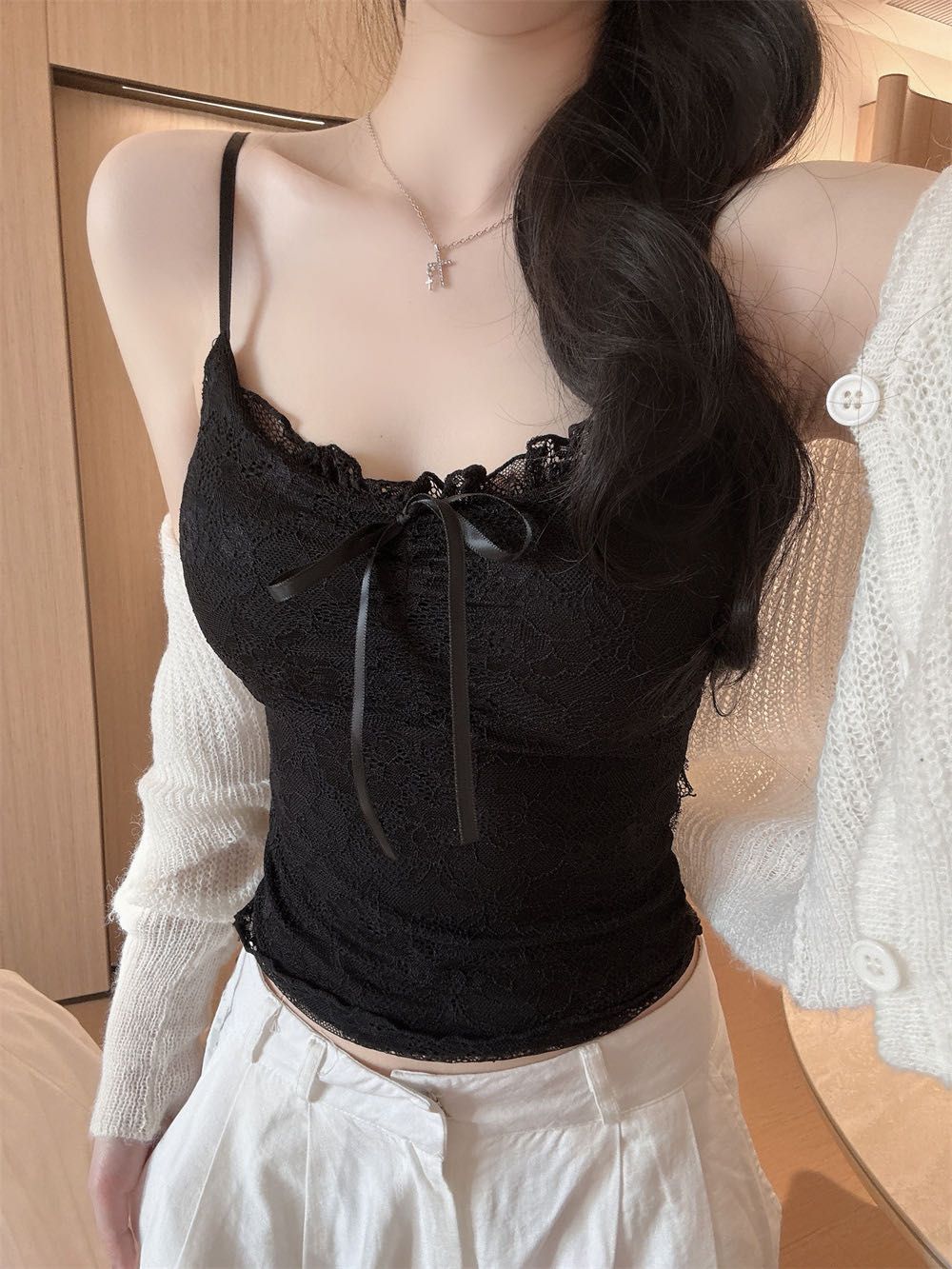 韓系chic純御氣質蕾絲吊帶帶胸墊背心單品