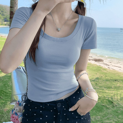 簡約圓領正肩短版上衣