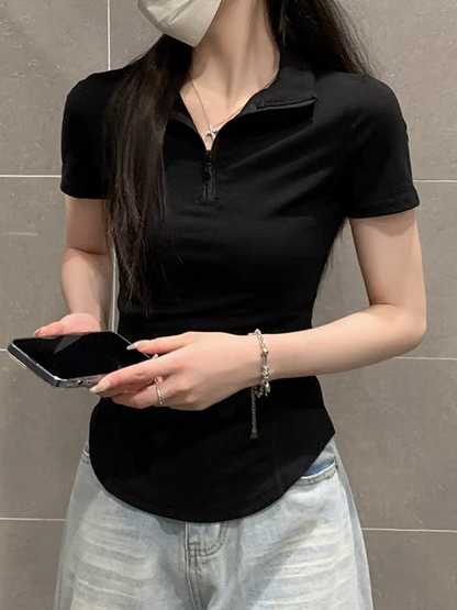 通勤百搭polo領拉鍊修身短袖上衣