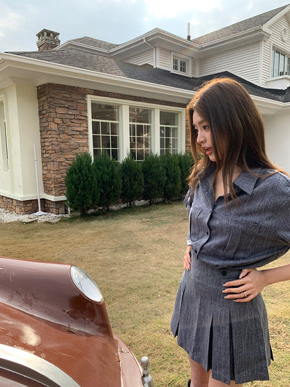 夏季紡牛仔襯衫上衣配百褶裙兩件套