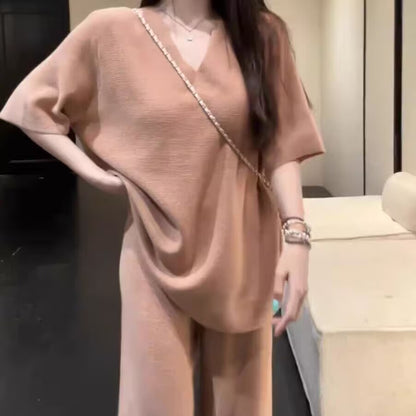 懶人必備韓系溫柔V領短袖兩件套