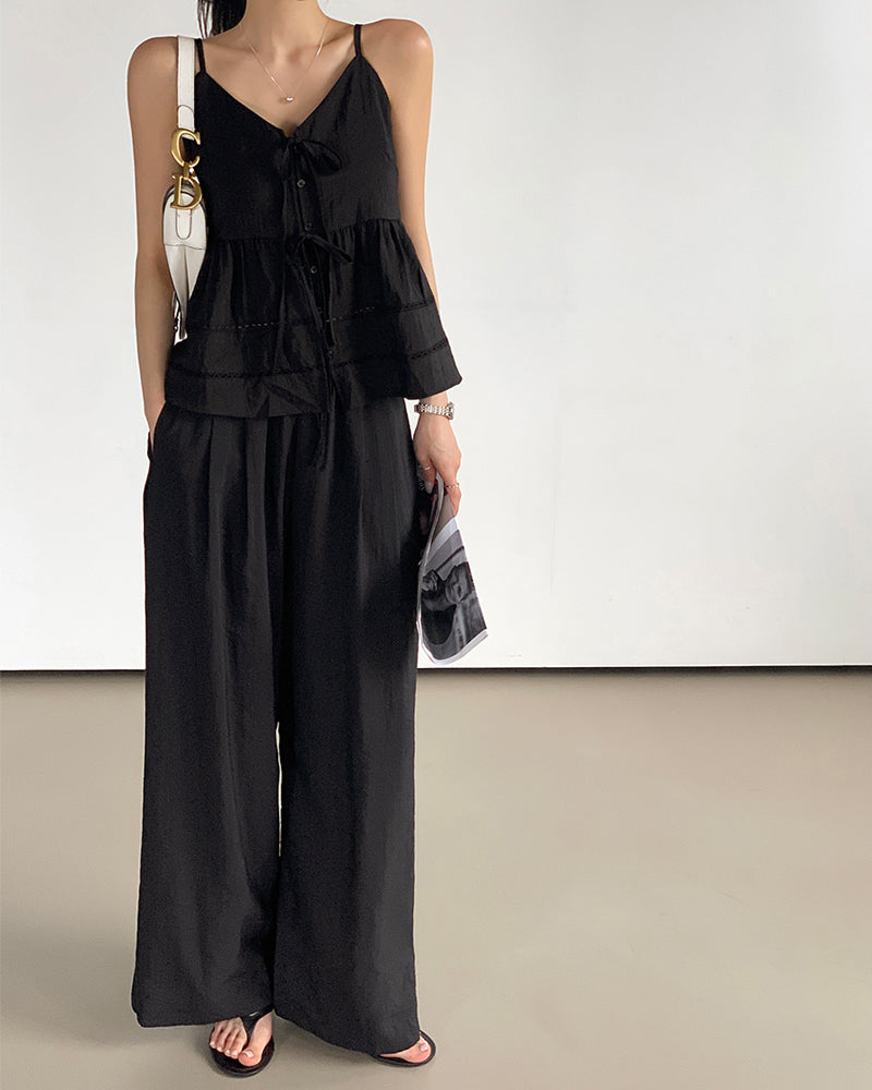 chic法式黑色花邊拼接吊帶配寬鬆長褲兩件套