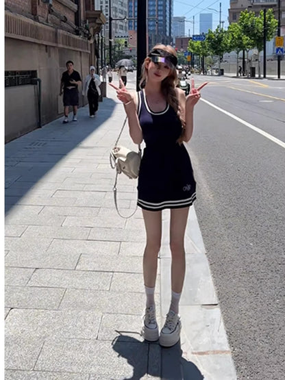 氣質修身撞色無袖連衣短裙