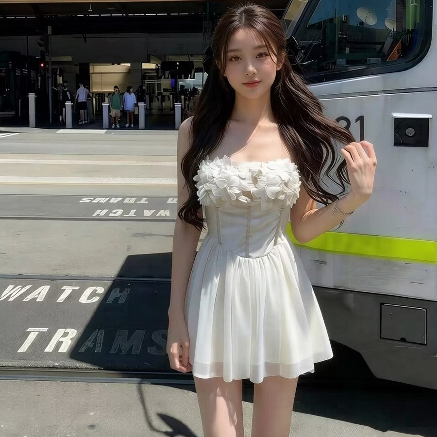 法式立體花朵抹胸小短裙